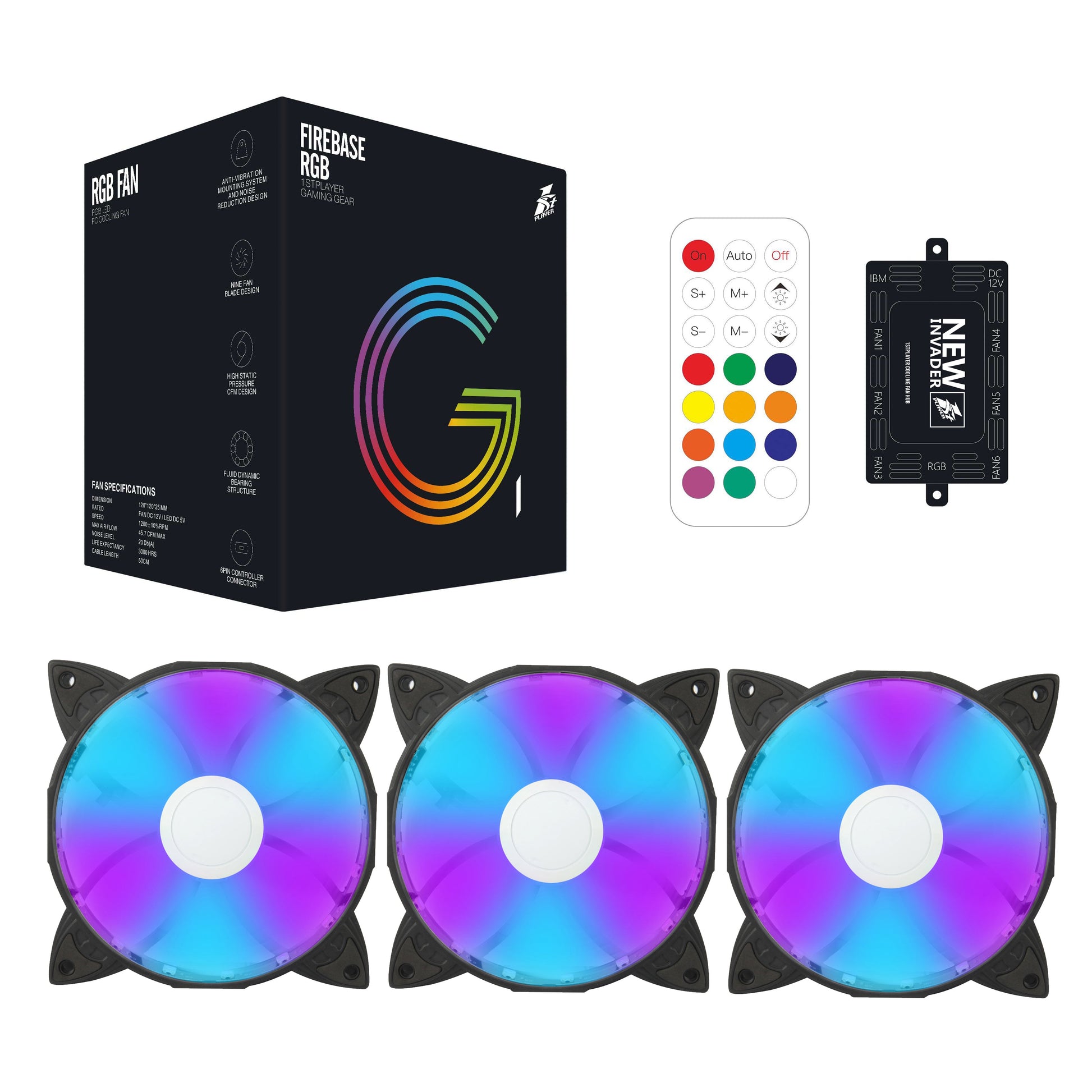 1STPLAYER FIREBASE G1 RGB GAMING 120MM W/ HUB+REMOTE KIT FANS-FANS-Makotek Computers