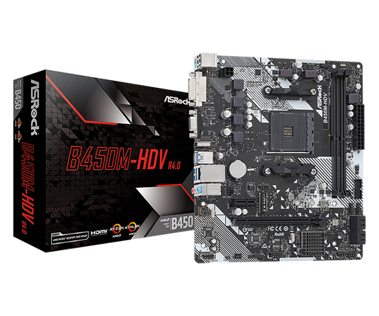 ASROCK B450M-HDV R4.0 | 2 DIMM SLOTS | DDR4 | REALTEK ALC887 | GIGABIT LAN | PCI-E 3.0 X 16 | PCI-E 3.0 X 4 M.2 | AM4 | 12 MONTHS WARRANTY MOTHERBOARD