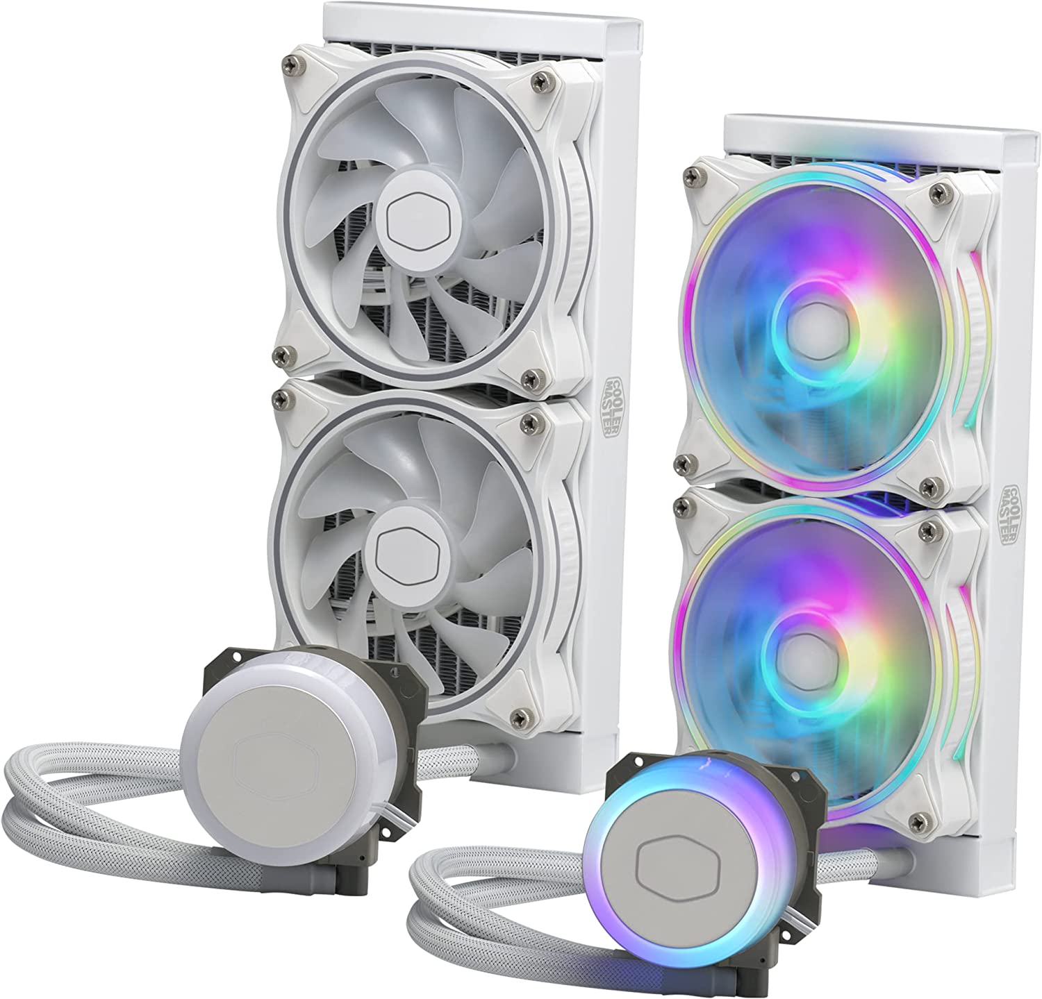 COOLER MASTER MASTERLIQUID ML240 ILLUSION WHITE, CLOSE-LOOP AIO CPU LIQUID COOLER, TRANSLUCENT DOME, 3RD GEN DUAL CHAMBER PUMP, 240 RADIATOR, DUAL MF120 HALO FOR AMD RYZEN/INTEL LGA1700*/1200/115X LIQUID COOLER-LIQUID COOLER-Makotek Computers