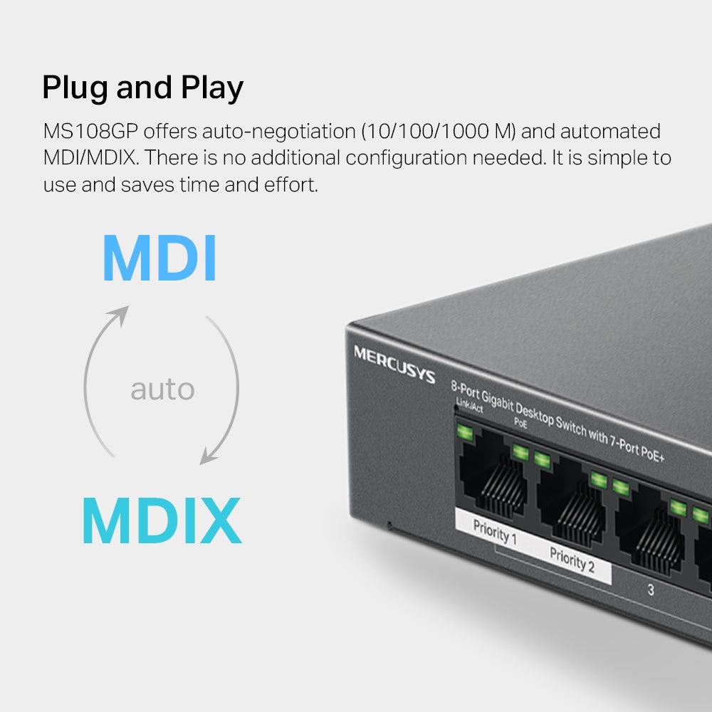 MERCUSYS MS108GP 8-PORT GIGABIT WITH 7 PORT POE+ DESKTOP SWITCH-SWITCH-Makotek Computers