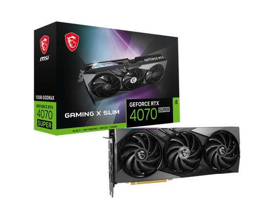 MSI GEFORCE RTX™ 4070 SUPER 12G GAMING X SLIM NVIDIA® GEFORCE | PCI EXPRESS® GEN 4 |  2655 MHZ UP TO 2640 MHZ | 21 GBPS | 12GB GDDR6X | DISPLAYPORT x 3 | HDMI™ x 1 | 650 WATTS (RECOMMENDED PSU) 12 MONTHS WARRANTY GRAPHICS CARD