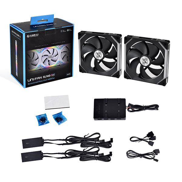 LIAN LI UNIFAN SL140 ARGB, 140MM, BLACK, 2 PACK + CONTROLLER, AUX FAN, UF-SL140-2B FAN-FANS-Makotek Computers